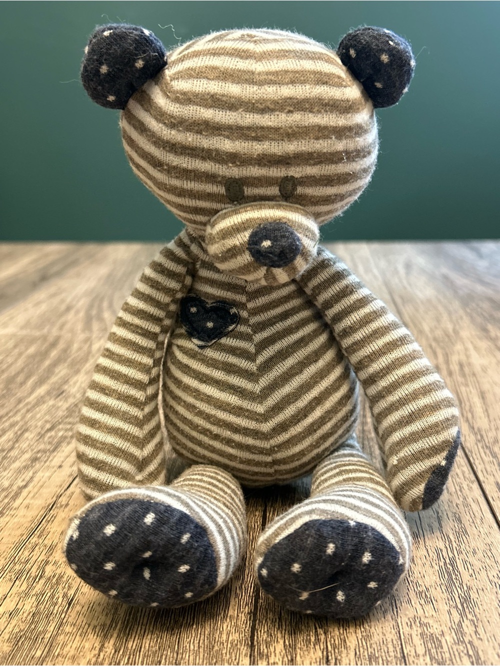 DEMDACO "Love You Baby Bear" Striped Plush Teddy Bear Brown White Blue Heart 10"